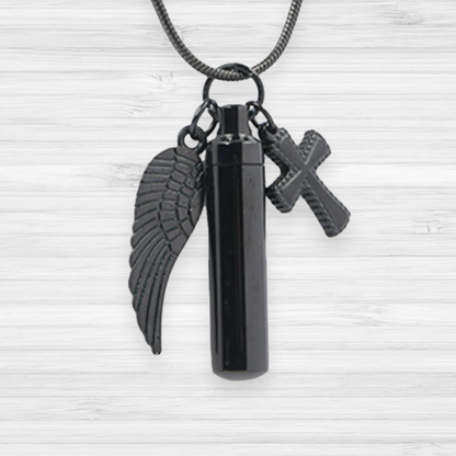 Black Cylinder, Wing and Cross Cremation Necklace
