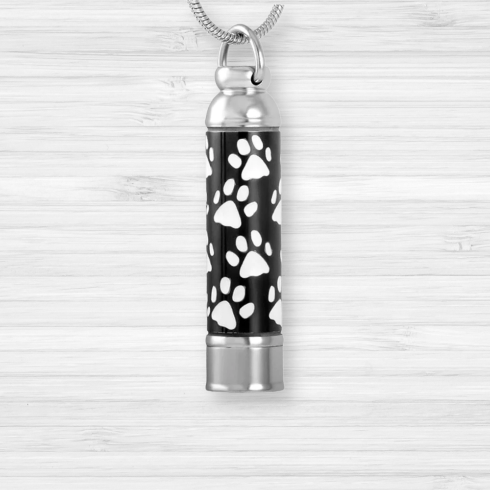 Black and White Cylinder with Paw Prints Urn Necklace