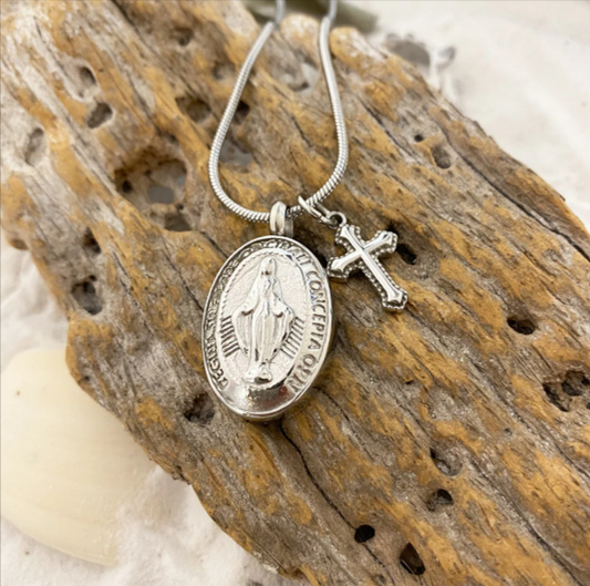 Virgin Mary and Cross Charm Memorial Ash Necklace