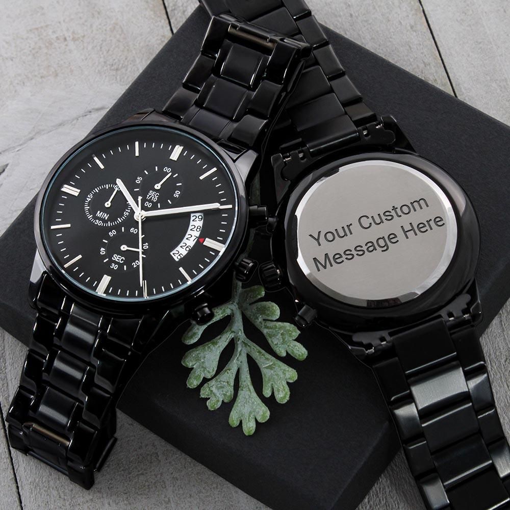 Custom Engraved Black Chronograph Watch – Grace Treasure
